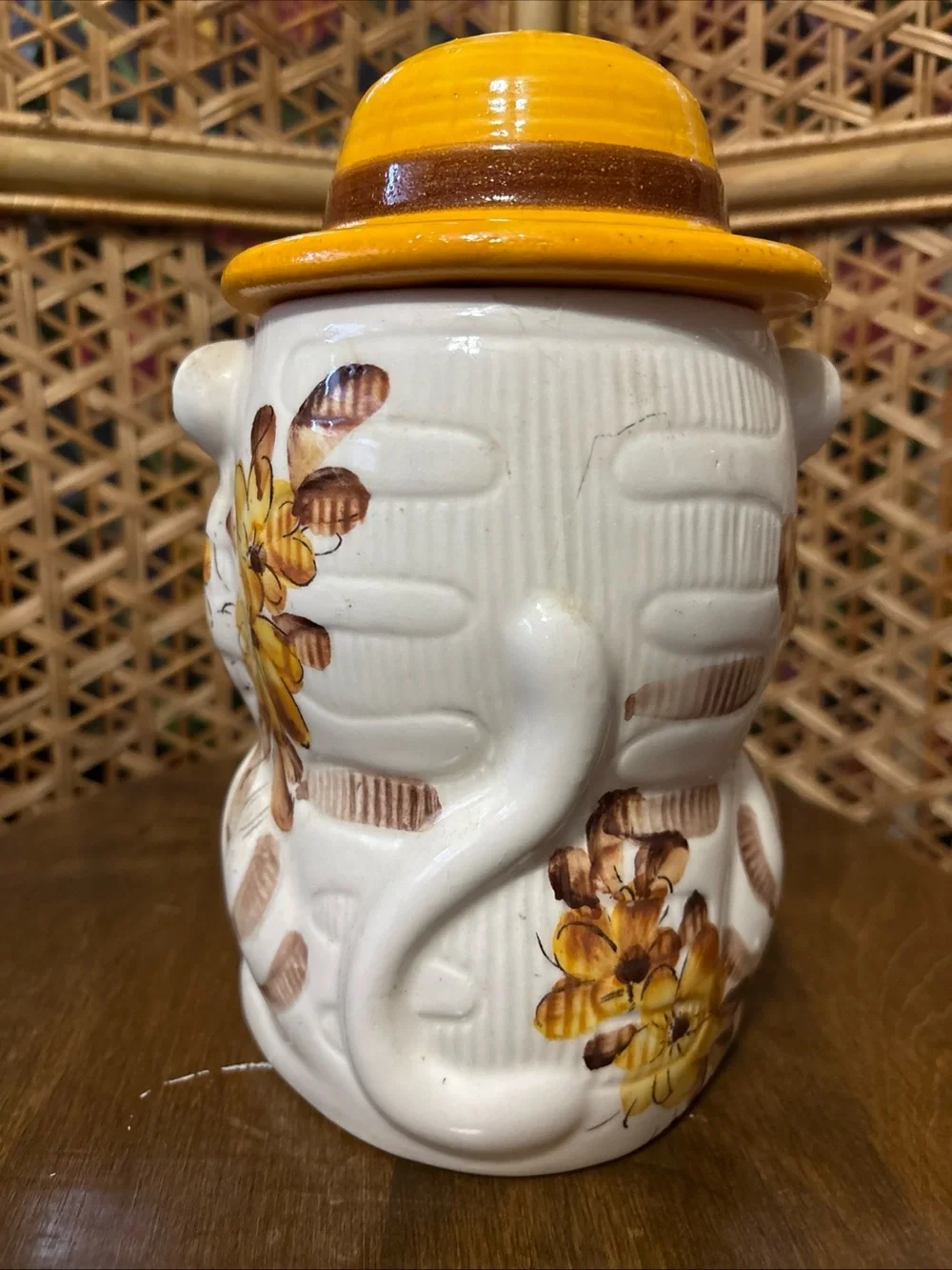 Vintage Ceramic Animal Cookie Jar with Yellow Hat